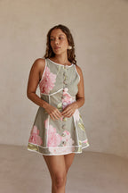 Fiori Green Floral Print Button Mini Amora Dress