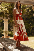Red Palma Vista Print V Neck Maxi Mira Dress