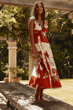 Red Palma Vista Print V Neck Maxi Mira Dress