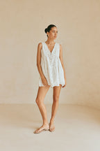 White Button V Neck Mini Kai Dress
