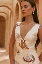 Cream Matia Print V Neck Maxi Serene Dress