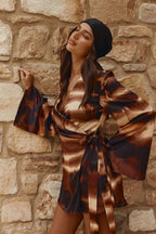 Brown Mirage Bloom Print Satin Mini Wrap Haven Dress