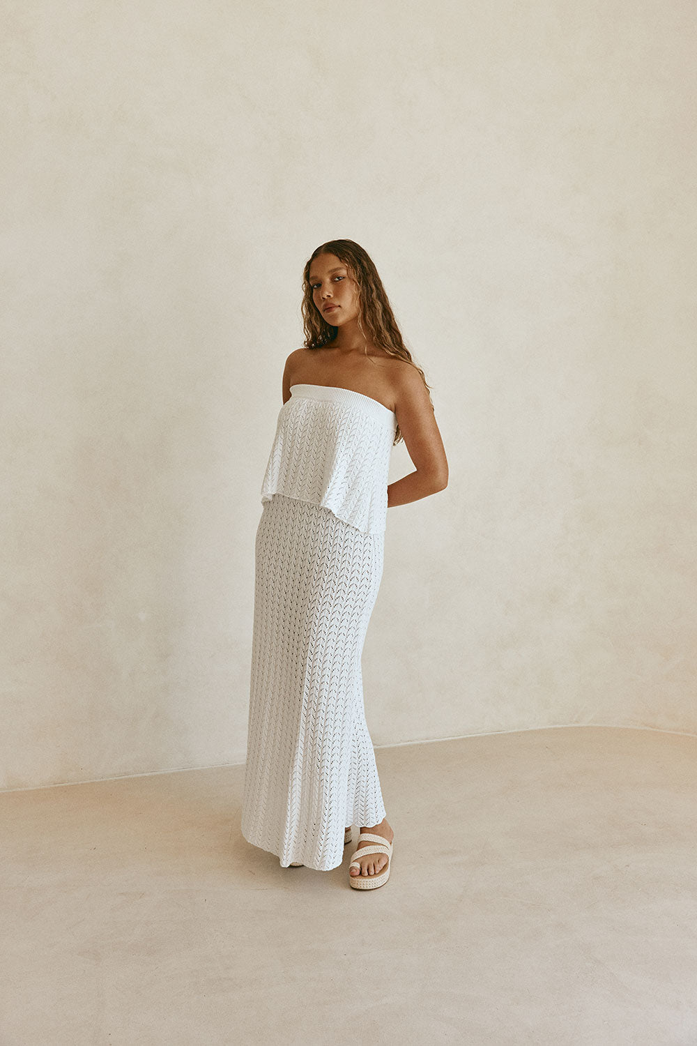 White Vintage Crochet Knit Strapless Maxi Maria Dress