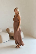 Brown  V Neck Cut Out Lace Maxi Dynasty Dress