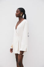 Beige Long Sleeve Mini Wrap Asoka Dress