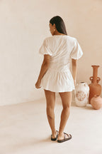 White Cotton Ruched Mini Lou Dress