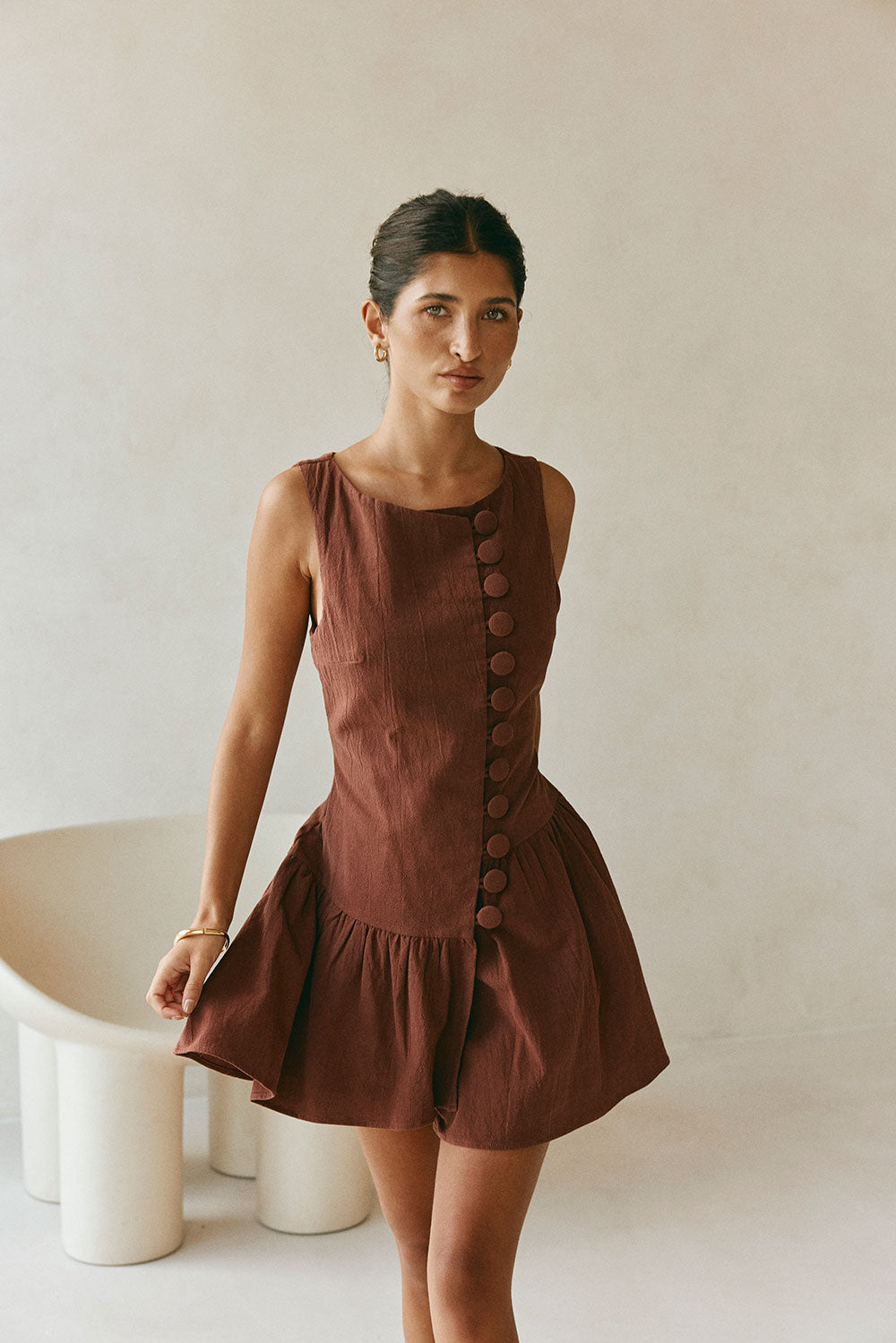 Alfresco Button Flounce Mini Dress - Chocolate