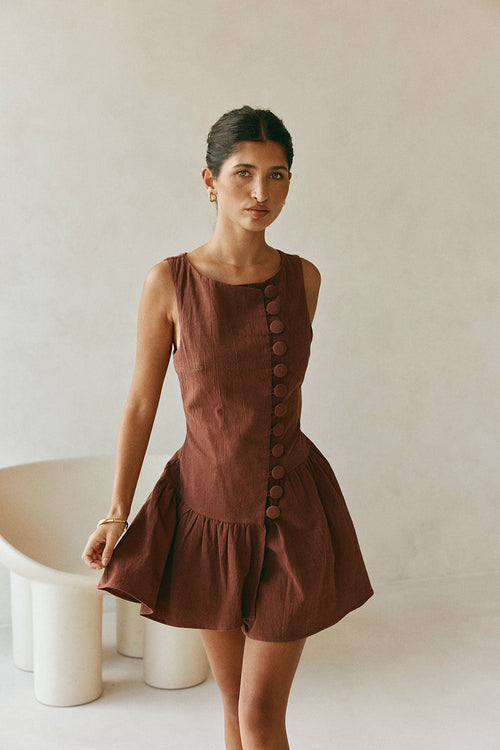 Alfresco Button Flounce Mini Dress - Chocolate
