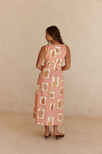 Pink Florero Print V Neck Midi Mira Dress