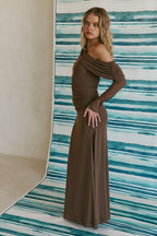 Chocolate Brown One Shoulder Long Sleeve Maxi Tasmin Dress