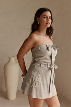 Grey and Black Pinstripe Strapless Bow Mini Tulia Dress