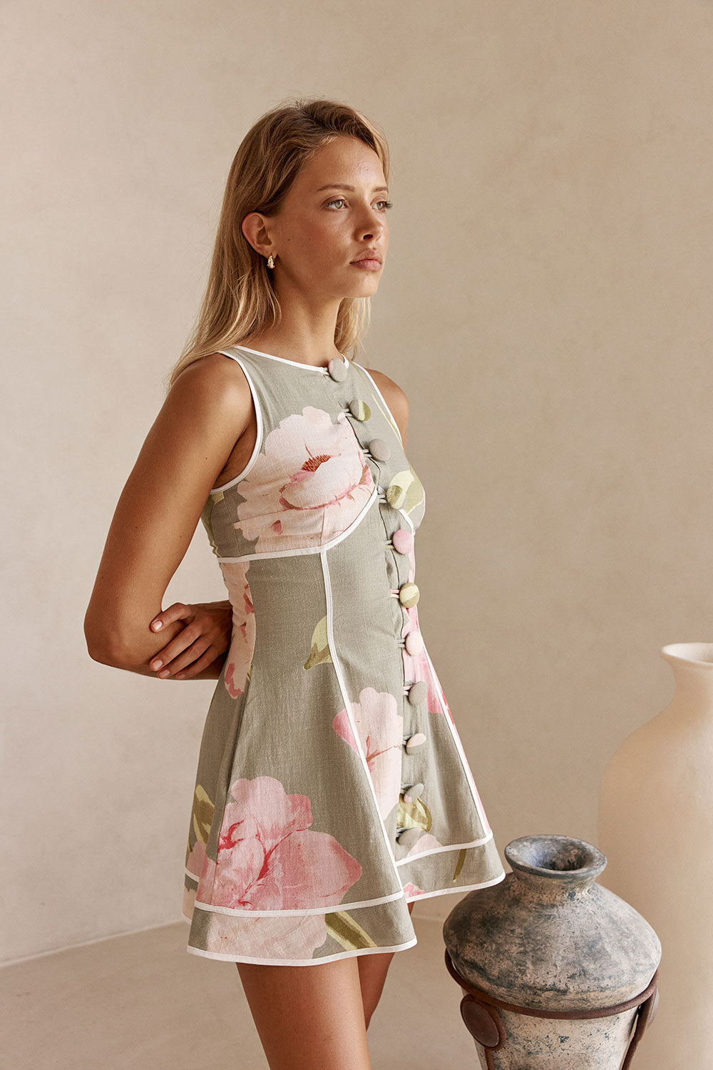 Fiori Green Floral Print Button Mini Amora Dress