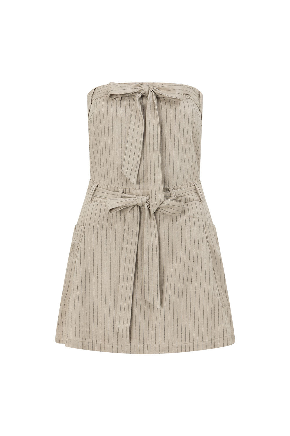 Grey and Black Pinstripe Strapless Bow Mini Tulia Dress
