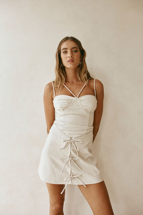 Beige Strappy Front Tie Mini Alexandra Dress