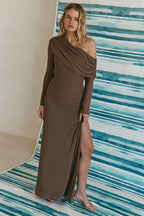 Chocolate Brown One Shoulder Long Sleeve Maxi Tasmin Dress