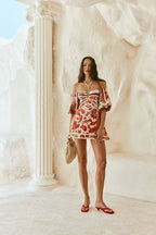 Red Floral Barocca Print Off Shoulder Mini Issa Dress