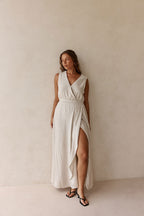 Beige and Black Pinstripe V Neck Maxi Cipriana Dress