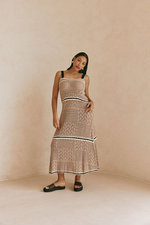 Tan Crochet Knit A Line Maxi Aliana Dress