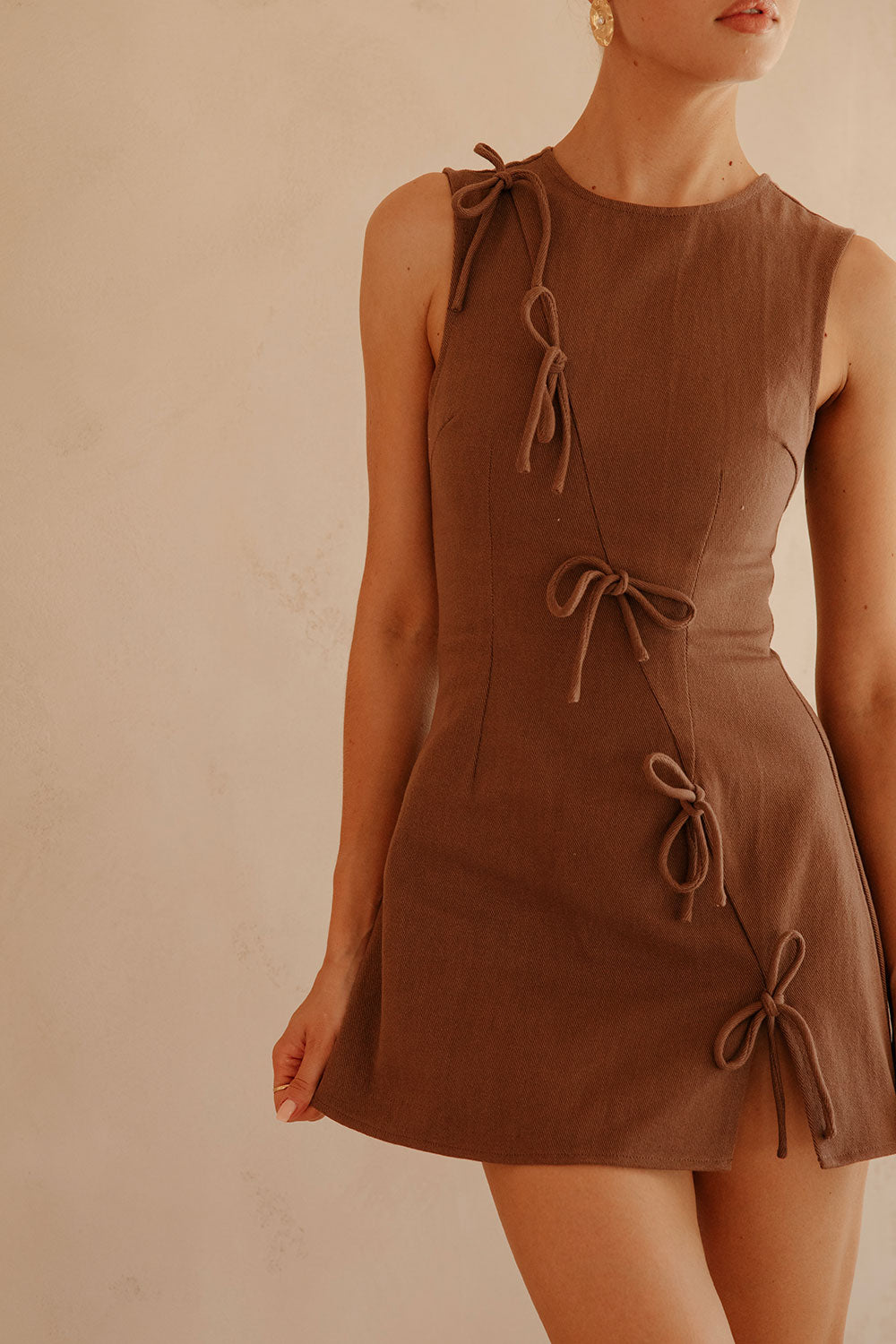 Chocolate Brown Denim A-Line Bow Mini Kapri Dress