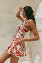 Red Floral Solafleur Lace Up Mini Camille Dress