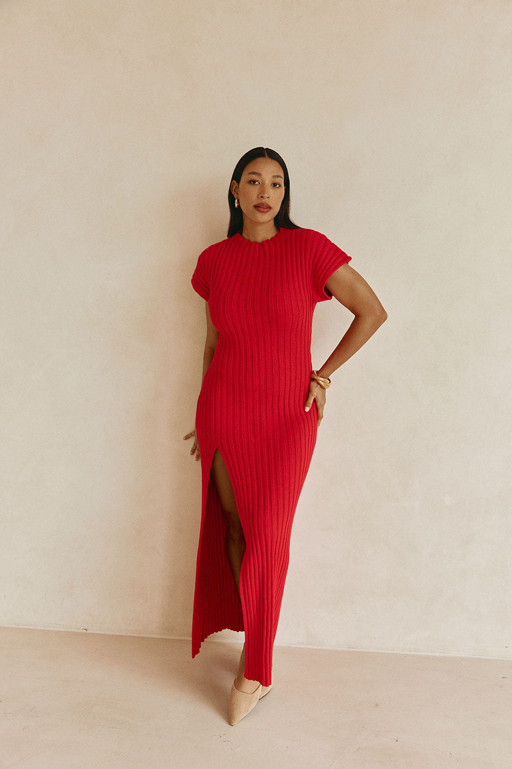 Red Rib Split Maxi Gemini Dress