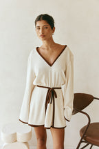 Farlee V Neckline Long Sleeve Front Tie Dress - Cream, Brown