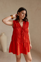 Red Tie Ruched Mini Joslin Dress
