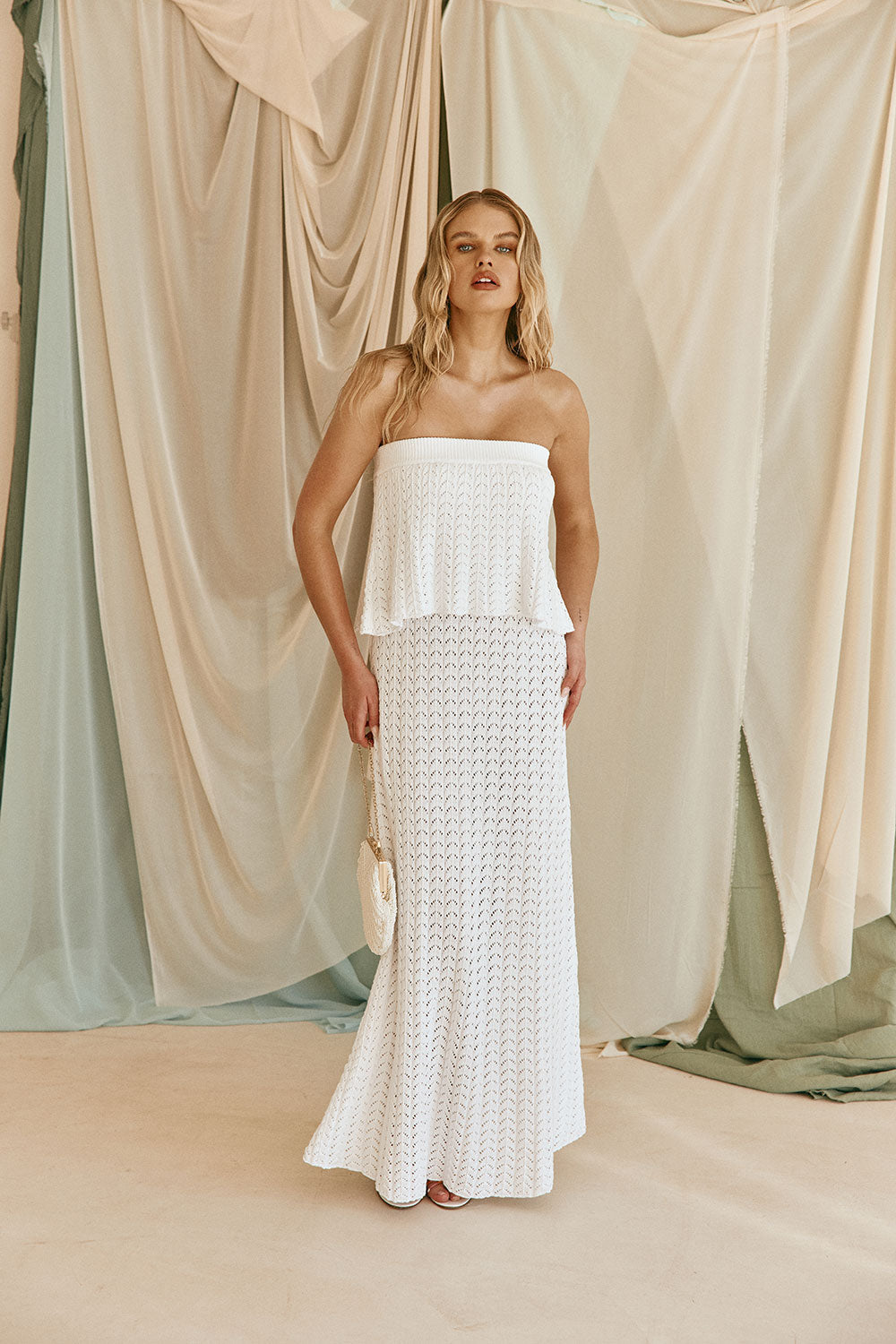 White Vintage Crochet Knit Strapless Maxi Maria Dress