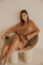Brown V Neck Long Sleeve Pocket Mini Beau Dress