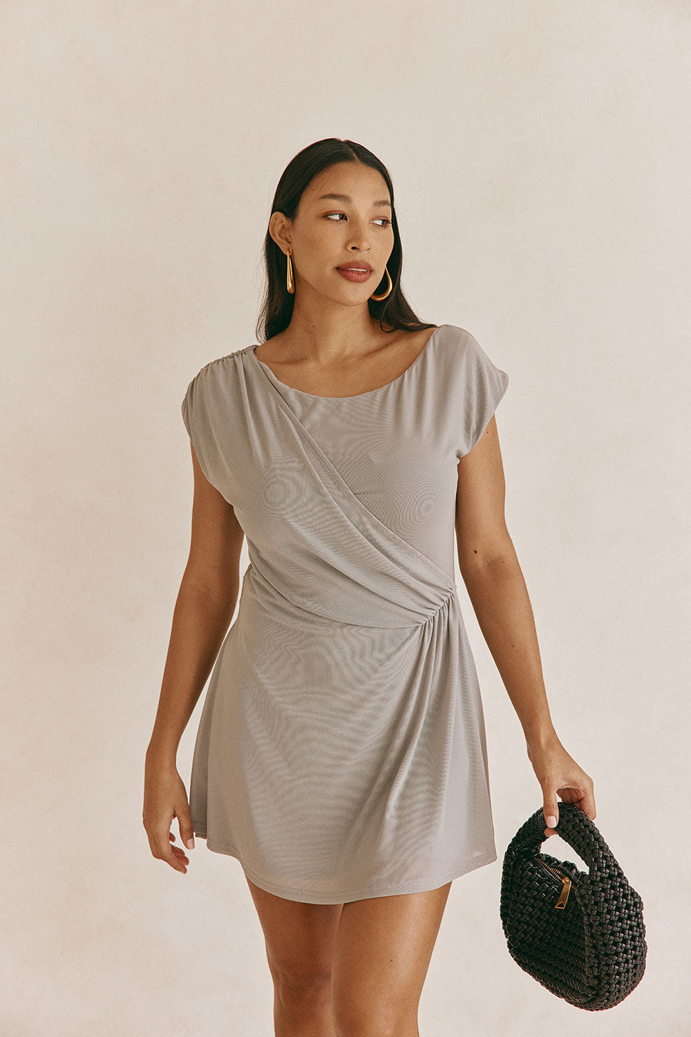 Grey One Shoulder Ruched Mini Dally Dress