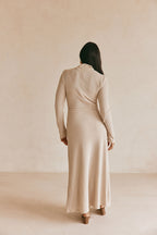 Beige High Neck Long Sleeve Fitted Maxi Simone Dress