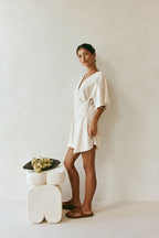 Beige Short Sleeve Wrap Mini Harper Dress