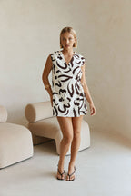 Cream Floral Fleur Lines Print V Neck Mini Amaya Dress