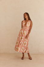 Pink Florero Print V Neck Midi Mira Dress