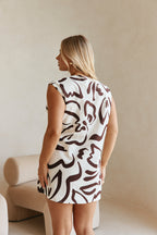 Cream Floral Fleur Lines Print V Neck Mini Amaya Dress