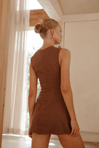 Chocolate Brown Denim A-Line Bow Mini Kapri Dress