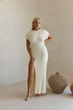 Cream High Neck Short Sleeve Split Maxi Gemini Dress