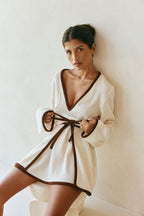 Farlee V Neckline Long Sleeve Front Tie Dress - Cream, Brown