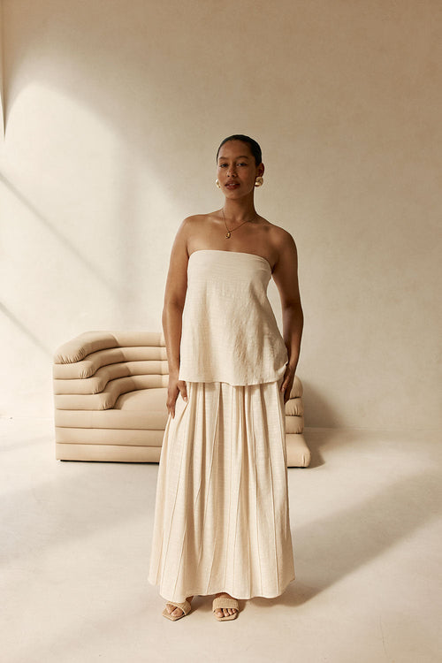 Beige Boxy Pleated Maxi Aviana Dress
