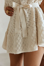 Cream Pointelle Knit Waist Tie Mini Demi Dress