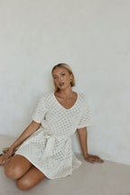 Cream Pointelle Knit Waist Tie Mini Demi Dress