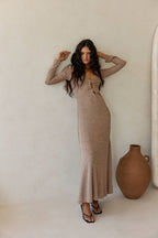 Tan Long Sleeve Cut Out V Neck Maxi Belora Dress