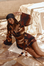 Brown Mirage Bloom Print Satin Mini Wrap Haven Dress