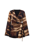 Brown Mirage Bloom Print Satin Mini Wrap Haven Dress