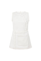 Alexi Button Mini Dress - White, Brown trim