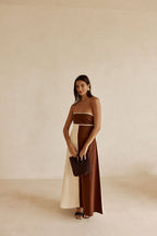 Cream and Brown Strapless Maxi Stormi Dress