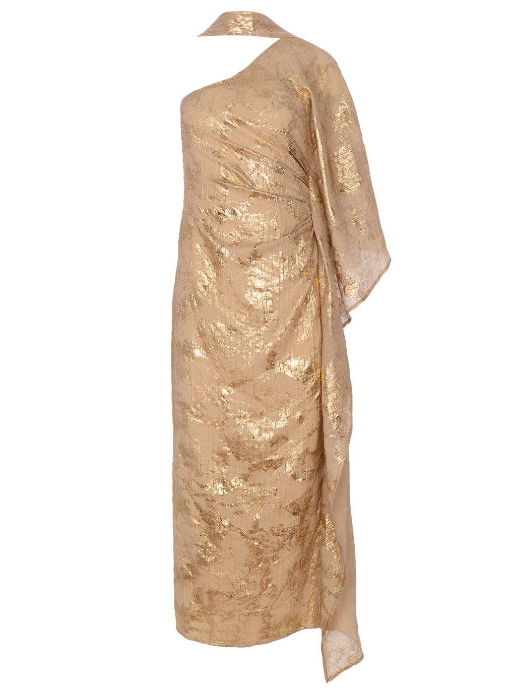 AARON - Vestido asimétrico manga capa nude con lurex, perfecto para invitadas de boda y fiesta spring summer. MIOH es la marca de vestidos de invitada de boda y fiesta de referencia en España