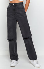 Black wash Robin Wide Leg Jeans with distressed ripped knees and a high waist