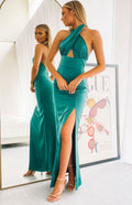Peacock Higher Love Formal Dress with criss-cross halter neck, ruched bust, keyhole, and high thigh slit