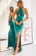 Peacock Higher Love Formal Dress with criss-cross halter neck, ruched bust, keyhole, and high thigh slit